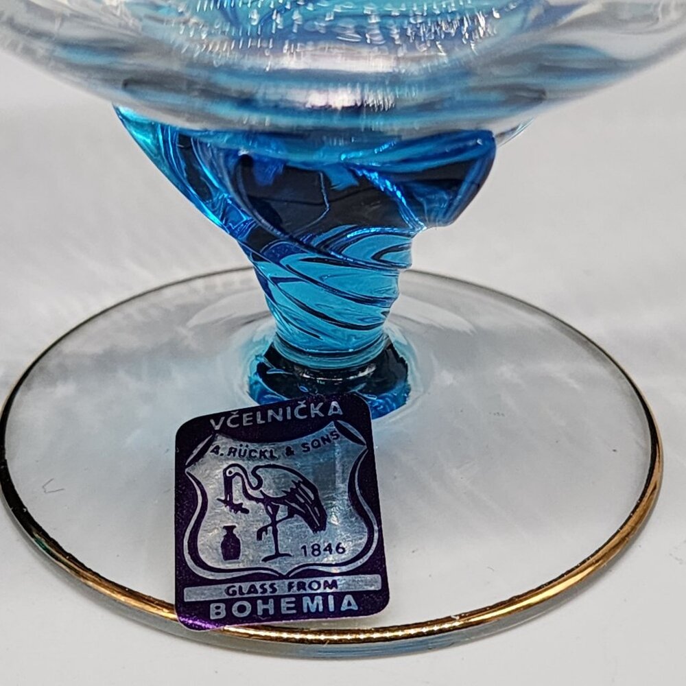 Vcelnicka Bohemia Brandy Snifter Cognac Handblown Blue Glass Gilded Crown VTG - Picture 4 of 11